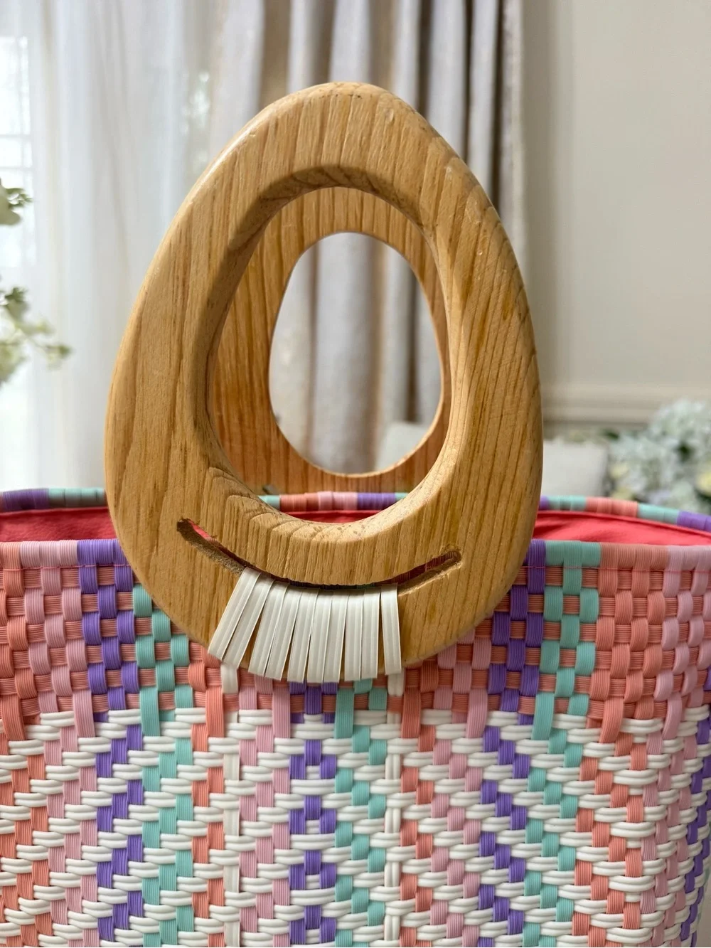 Pastel Pink Mint Lavender Woven Tote with Wooden Handles